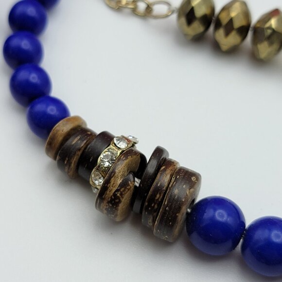 Royal Blue Multi Strand Wooden Bead Necklace Layered Gold Tone Statement 26" - Picture 5 of 8